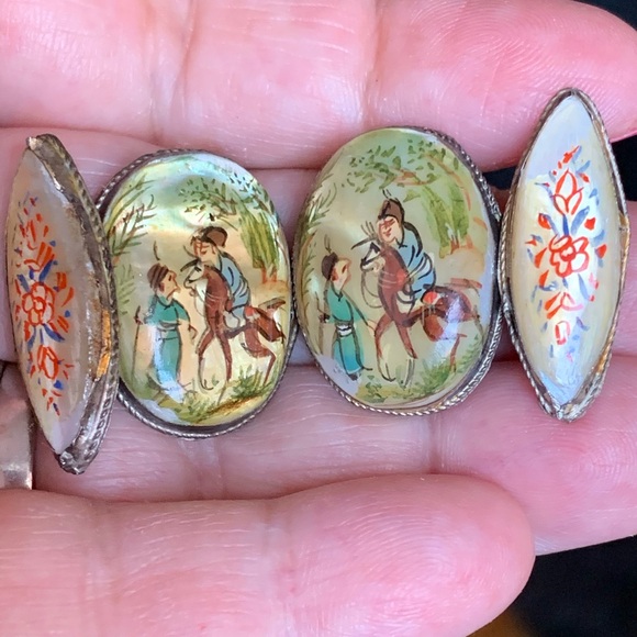 ANTIQUE HAND PAINTED MOTHER OF PEARL INTAGLIO ENAMEL CUFFLINKS